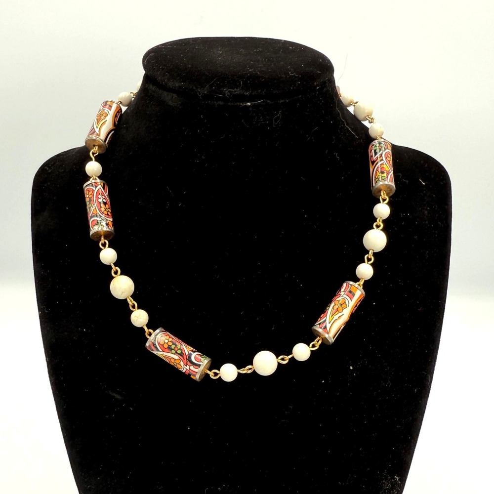 Vintage Decorative Tube Bead Necklace Floral Print Enamel Style White Beads